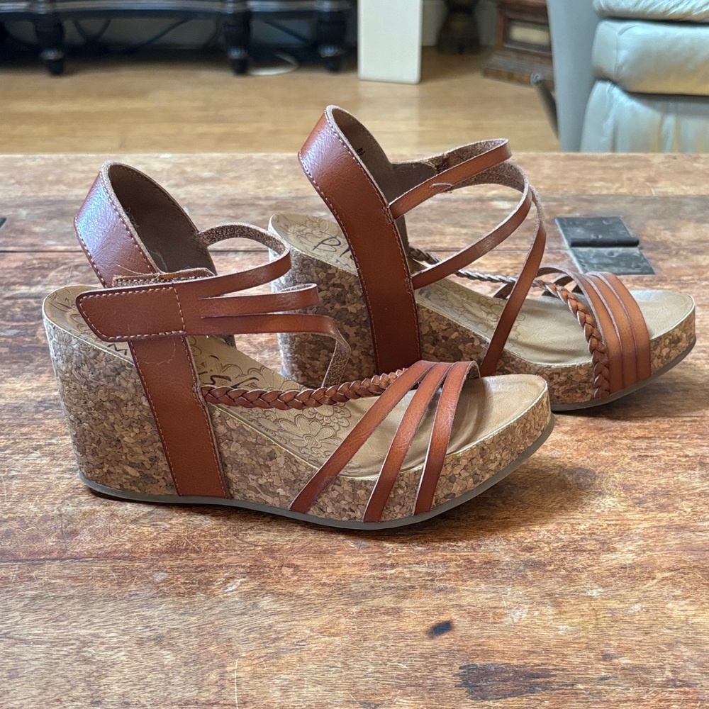 Brown Strappy Wedge Sandals with Cork Platform - Picture 2 of 6